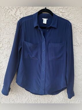 Women's Silk Navy Button-Front Blouse with Chest Pockets